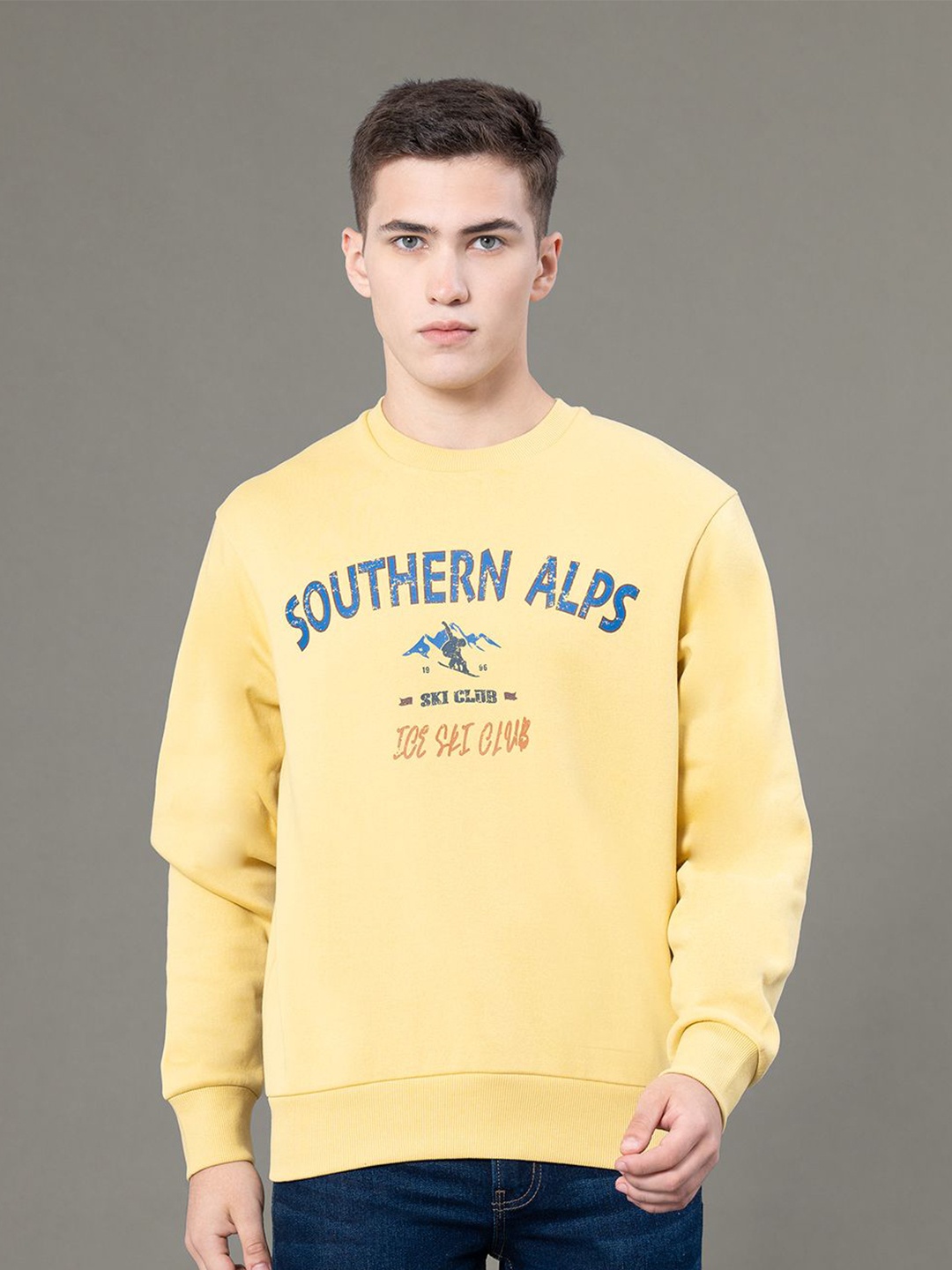 

Red Tape Men Graphic Print Fleece Round Neck Baggy Fit Sweatshirt, Yellow