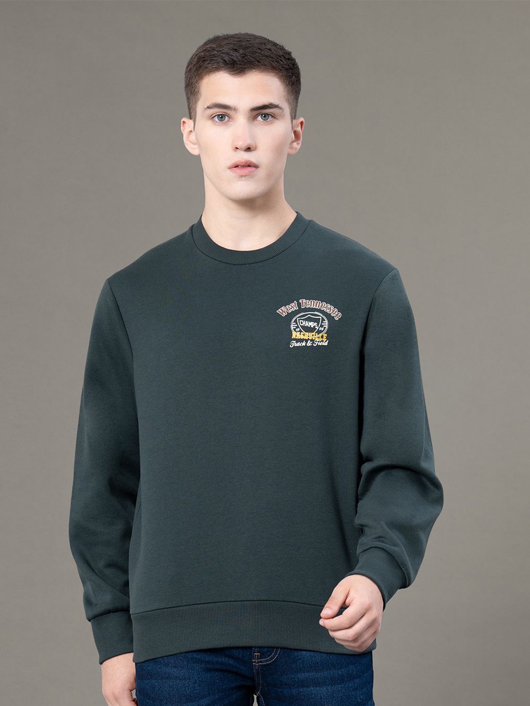 

Red Tape Men Graphic Print Fleece Round Neck Baggy Fit Sweatshirt, Green