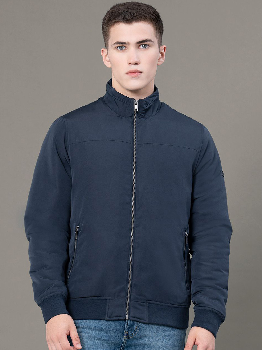 

Red Tape Men Solid Stand Collar Bomber Jacket, Navy blue