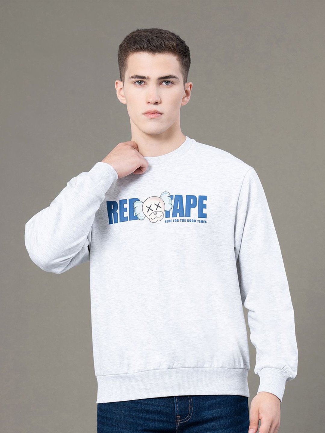 Red Tape Typography Printed Round Neck Pullover Sweatshirt, Grey melange