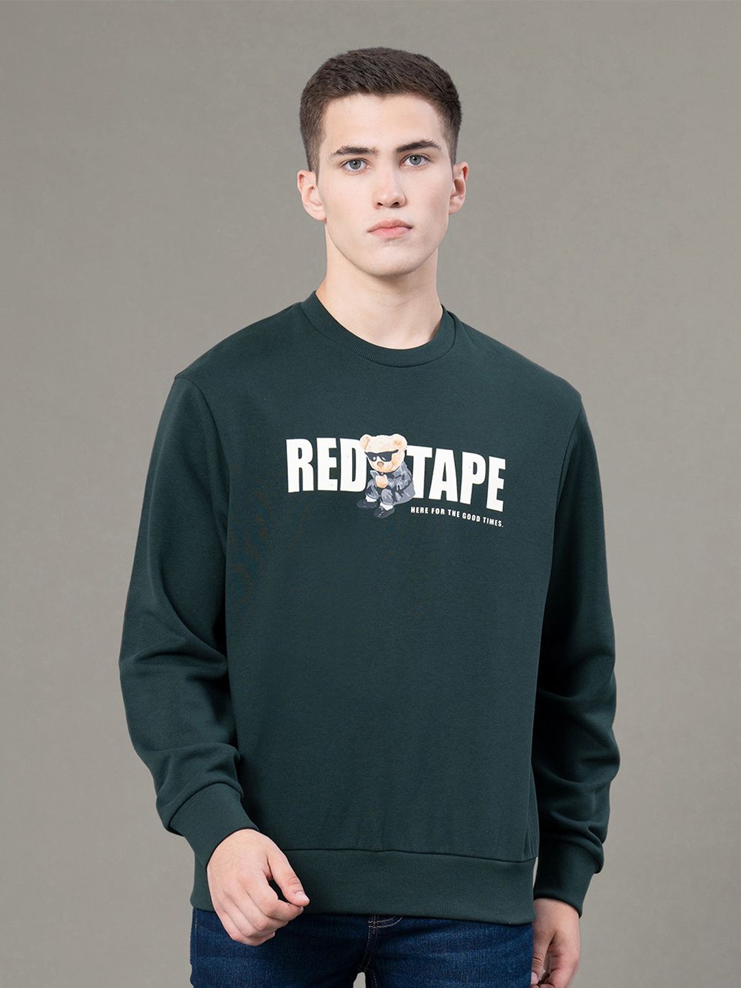 

Red Tape Men Green Graphic Print Fleece Round Neck Baggy Fit Sweatshirt