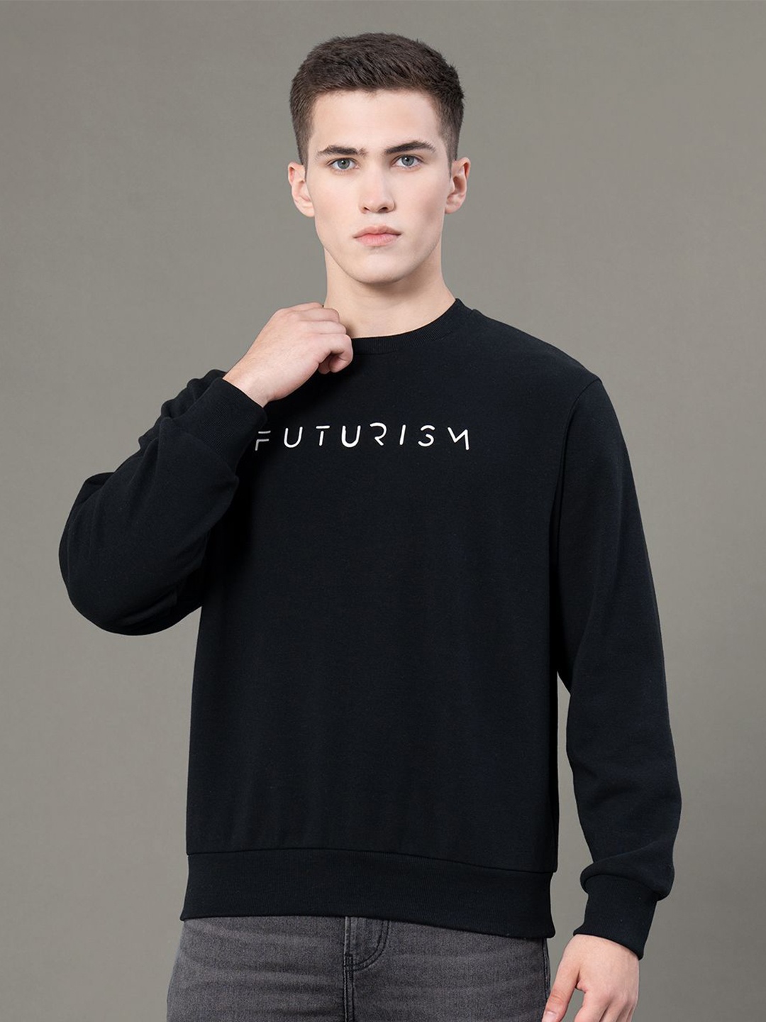 

Red Tape Men Graphic Print Fleece Round Neck Baggy Fit Sweatshirt, Black
