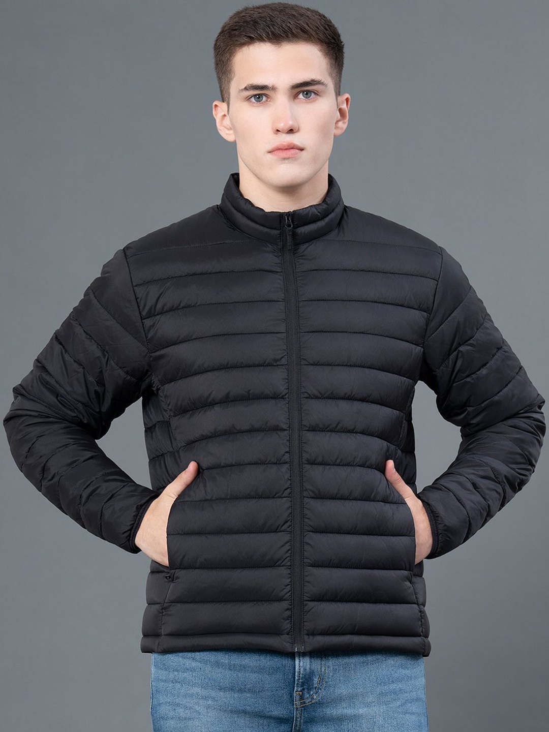 

Red Tape Men Solid Stand Collar Padded Jacket, Black