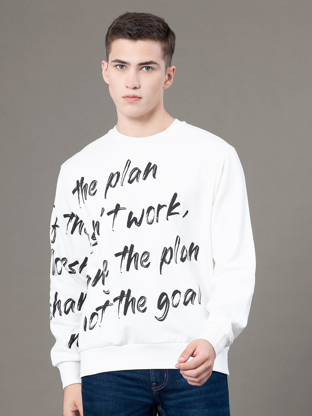 

Red Tape Men Graphic Print Fleece Baggy Fit Sweatshirt, Off white