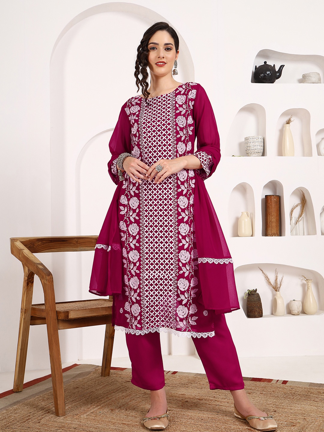 

KALINI Floral Embroidered Chikankari Georgette Straight Kurta With Trousers & Dupatta, Maroon