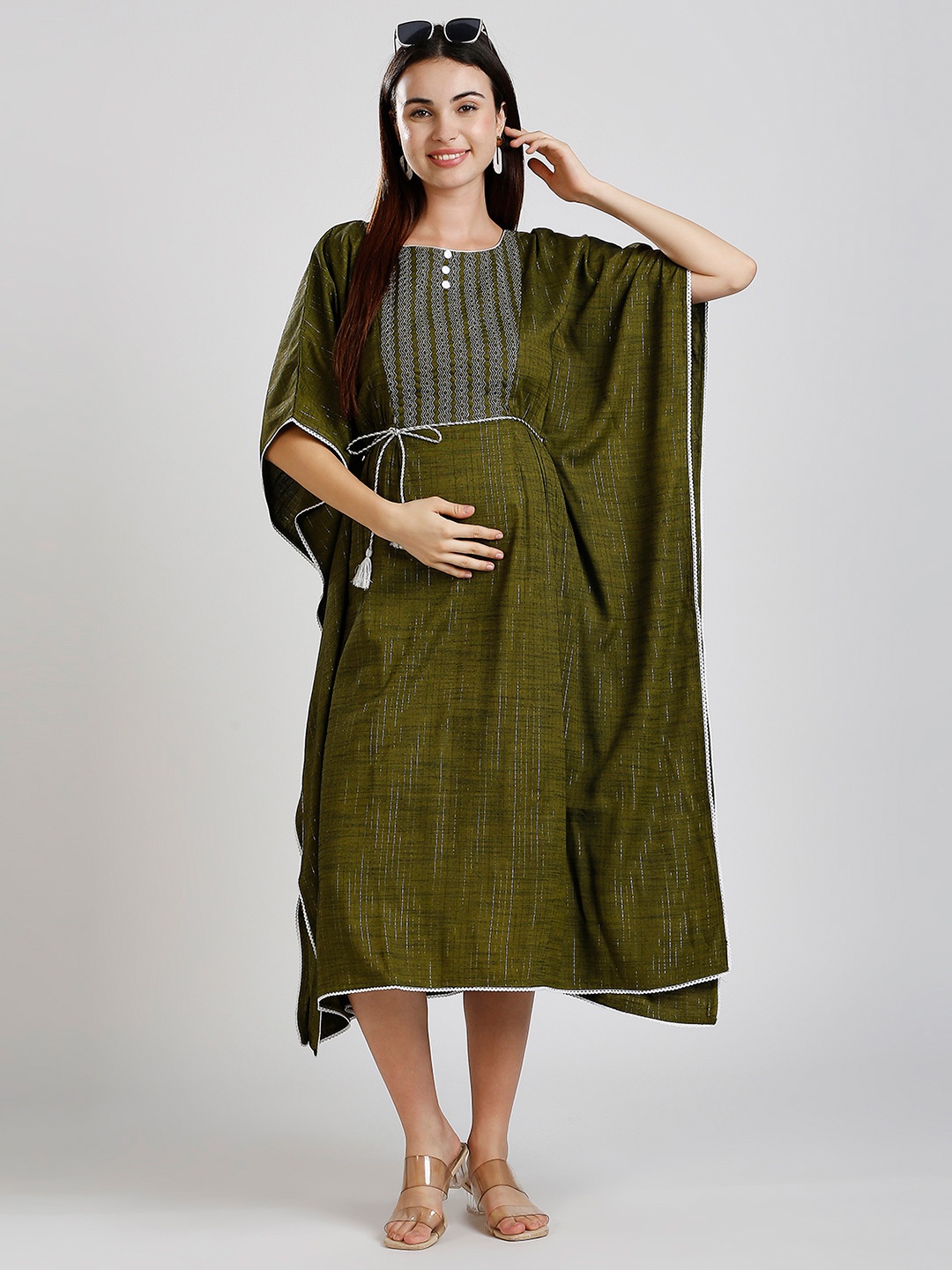 

DUMMY SHAPE Striped Printed Maternity Kaftan Kurta, Olive