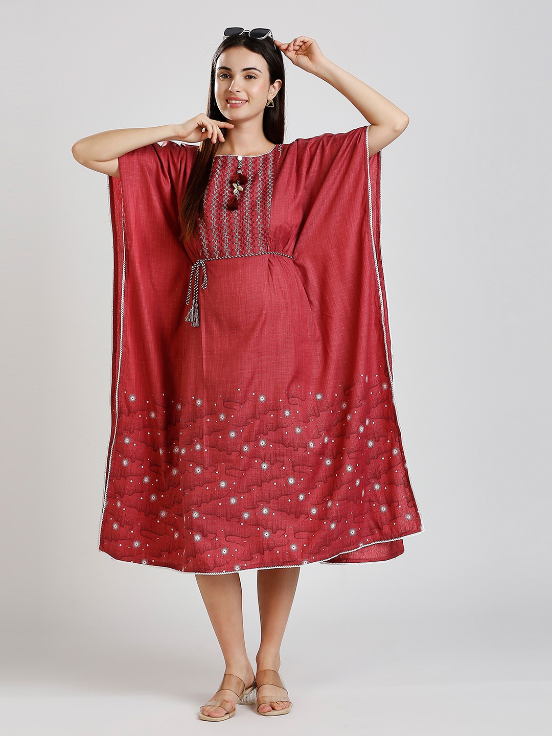 

DUMMY SHAPE Floral Embroidered Kimono Sleeves Maternity Kaftan Ethnic Dress, Pink