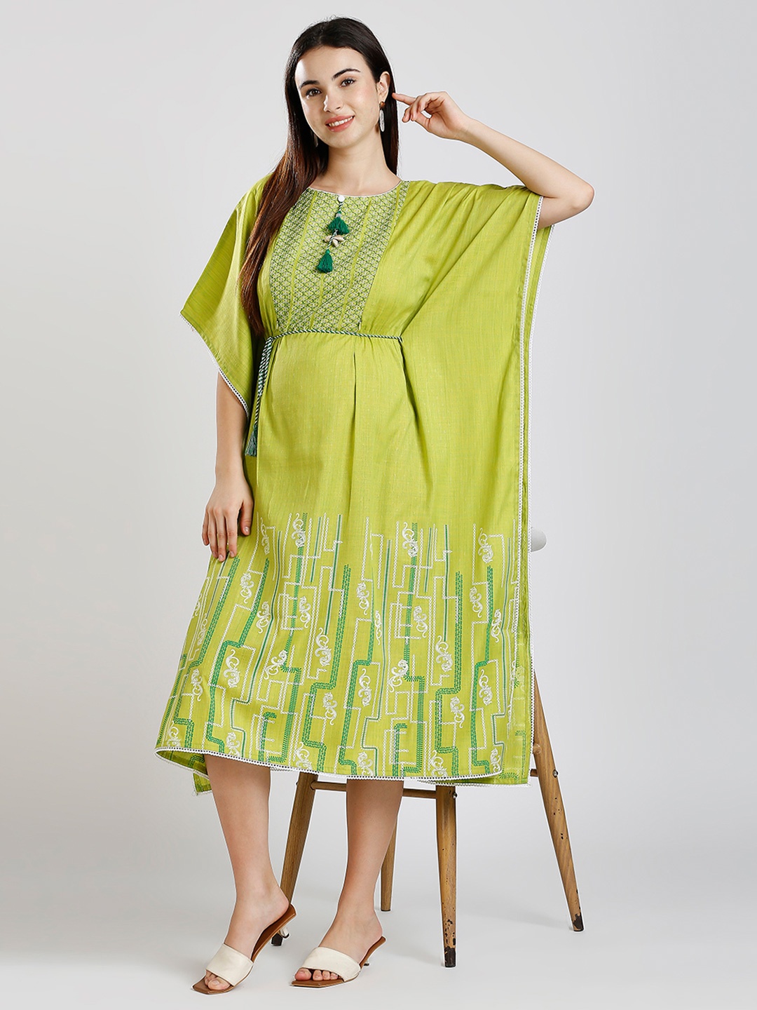 

DUMMY SHAPE Floral Embroidered Maternity Kaftan Ethnic Dress, Fluorescent green