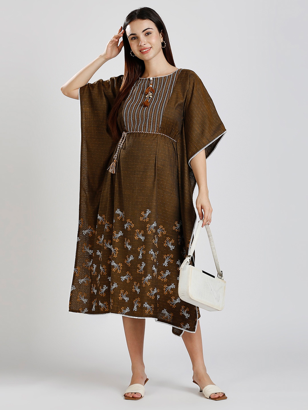 

DUMMY SHAPE Floral Embroidered Thread Work Floral Maternity Kaftan Dresses, Brown
