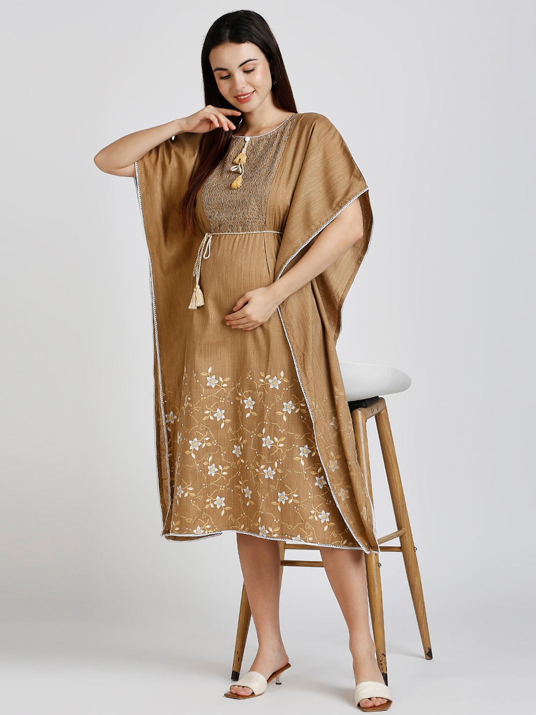 

DUMMY SHAPE Floral Embroidered Thread Work Maternity Kaftan Dress, Beige