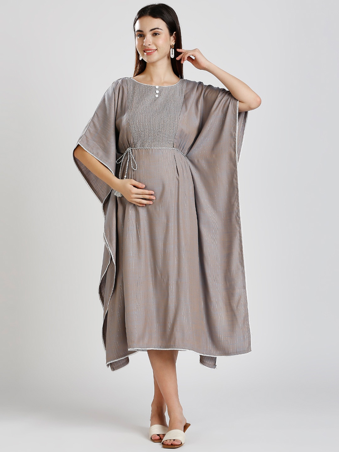DUMMY SHAPE Striped Embroidered Maternity Kaftan Dress, Grey