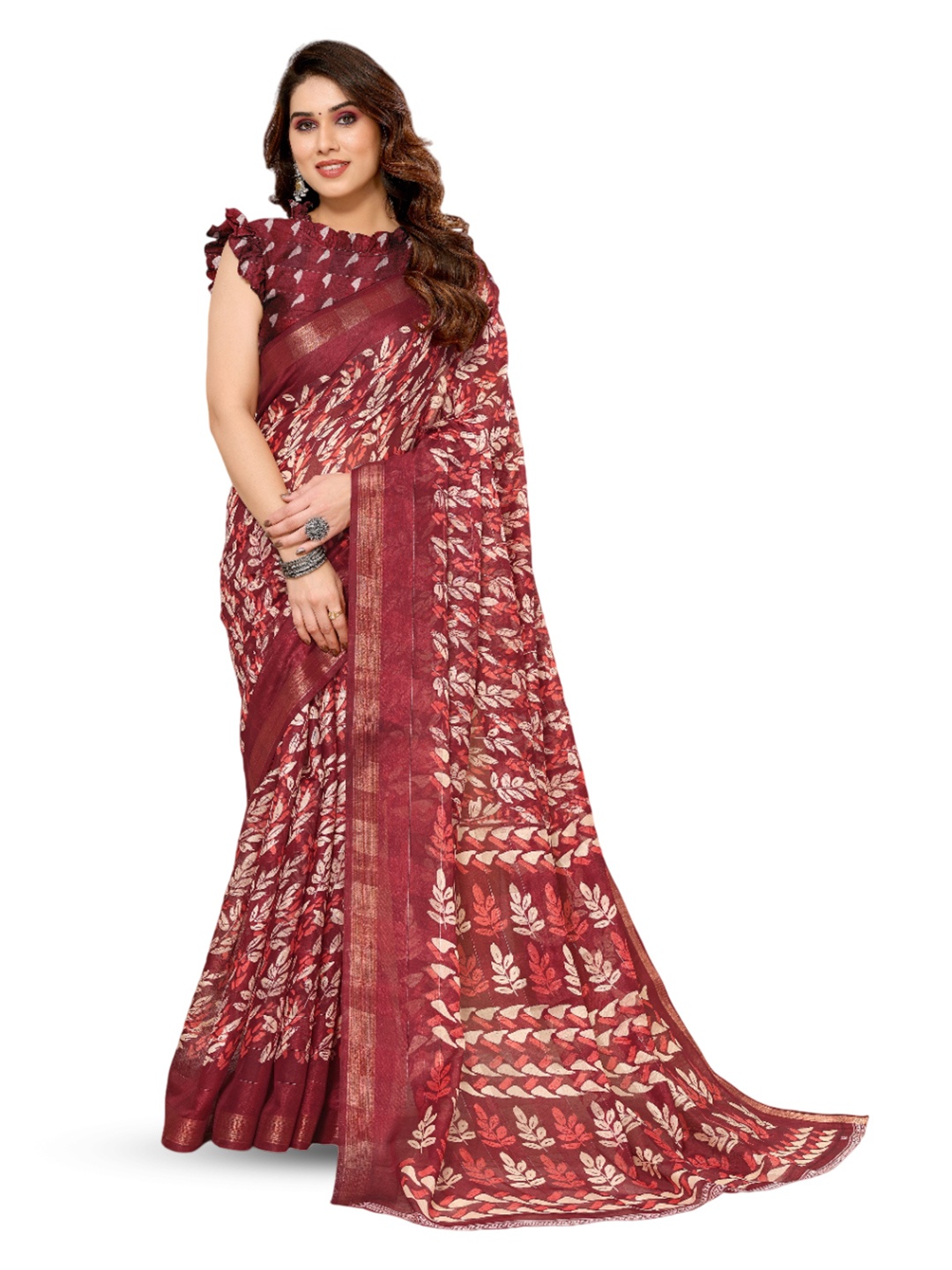 

saretramall Floral Printed Zari Saree, Maroon