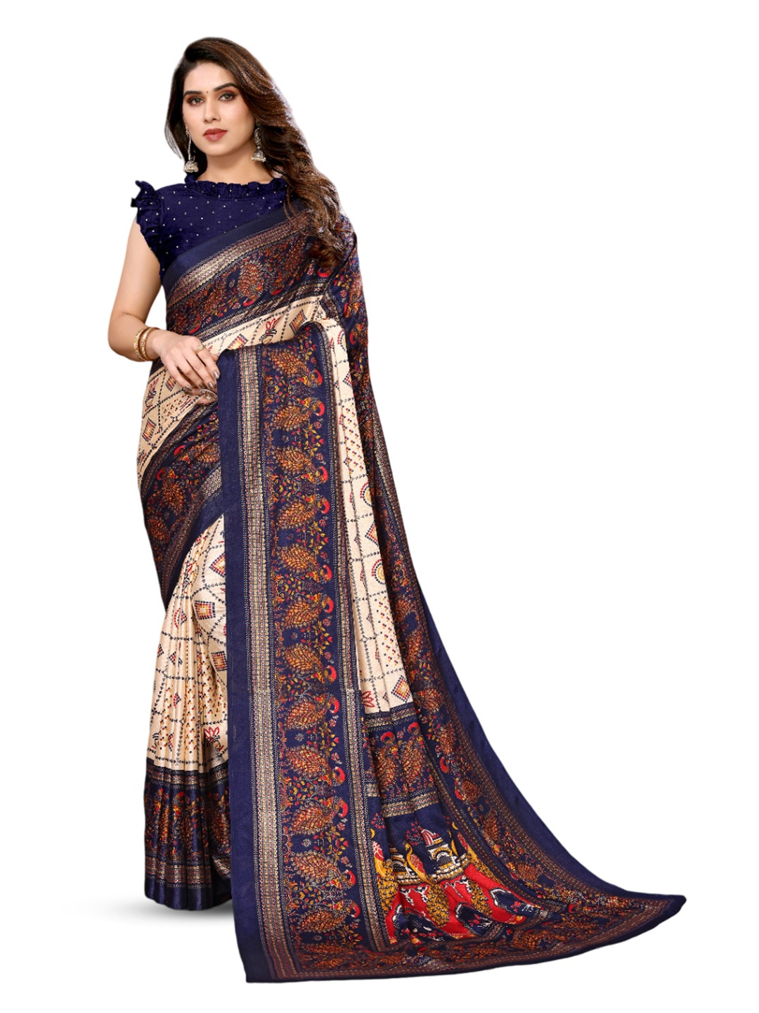 

saretramall Printed Ajrak Block Poly Chiffon Maheshwari Saree, Blue