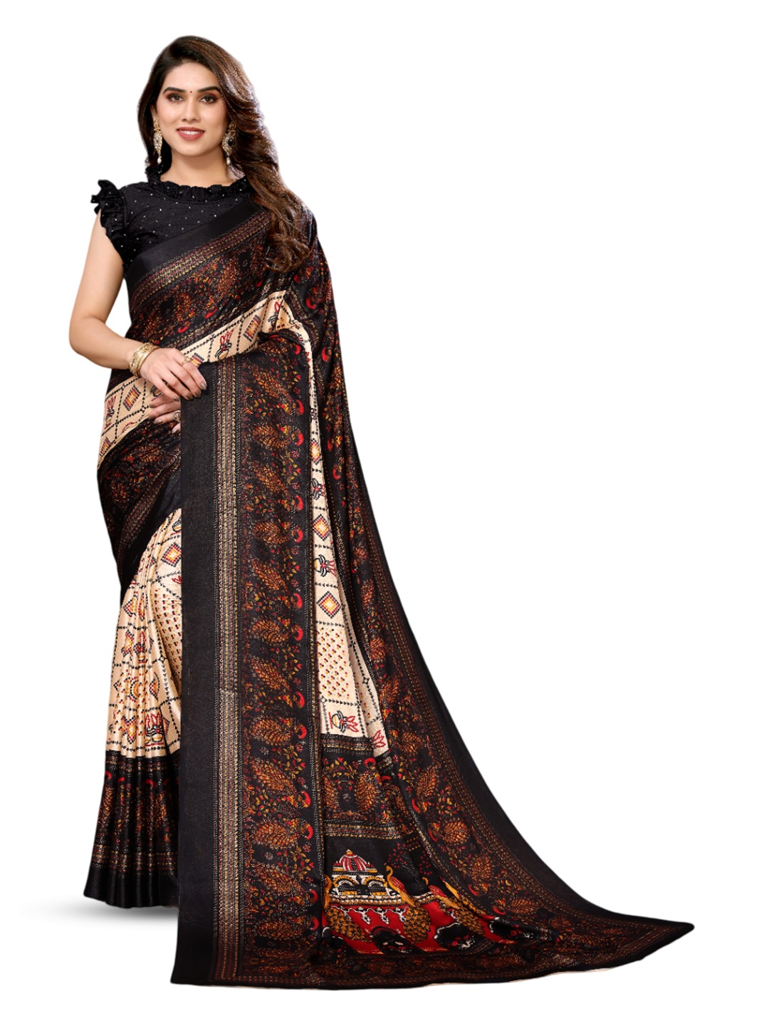 

saretramall Ajrak Block Printed Saree, Black