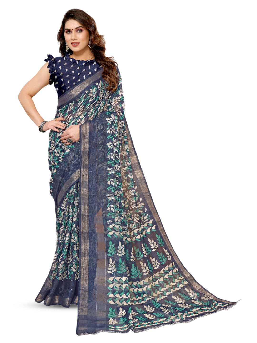 

saretramall Floral Printed Zari Saree, Blue