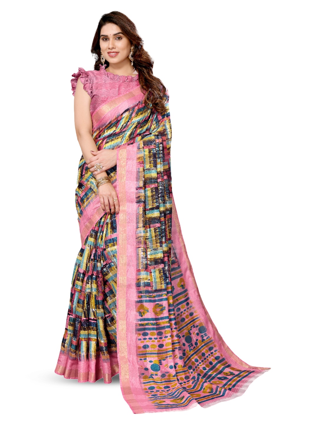 

saretramall Abstract Printed Zari Saree, Peach