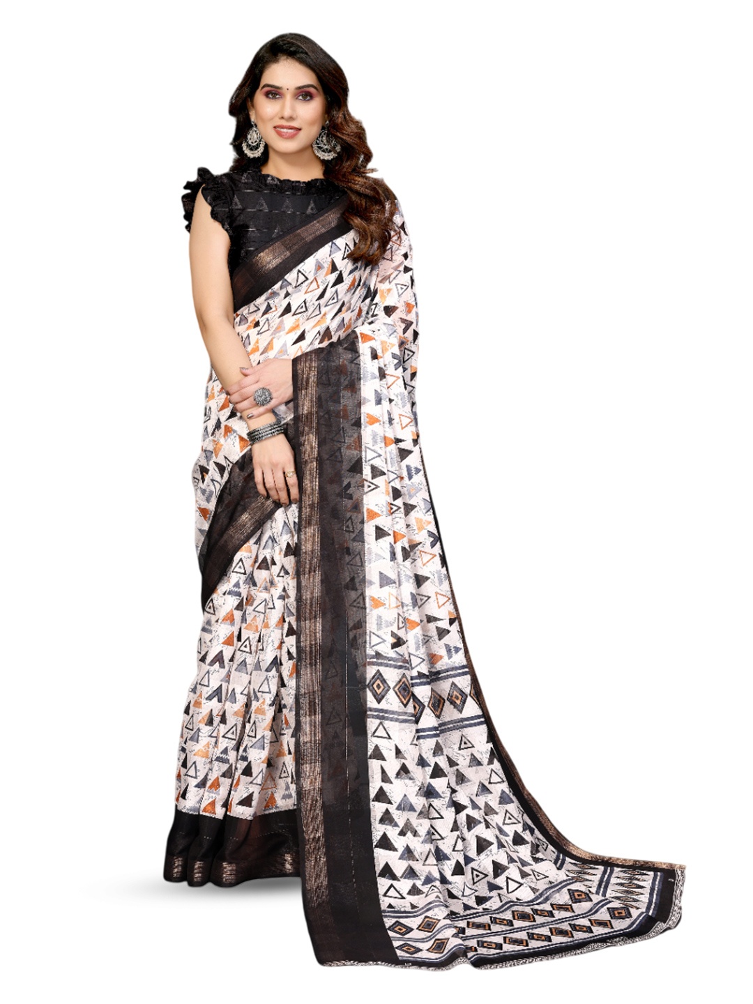 

saretramall Geometric Printed Zari Patola Saree, Black