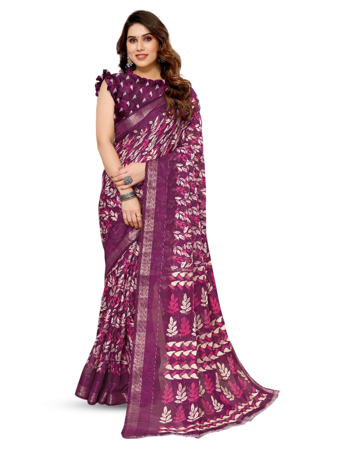 

saretramall Floral Printed Zari Patola Saree, Purple