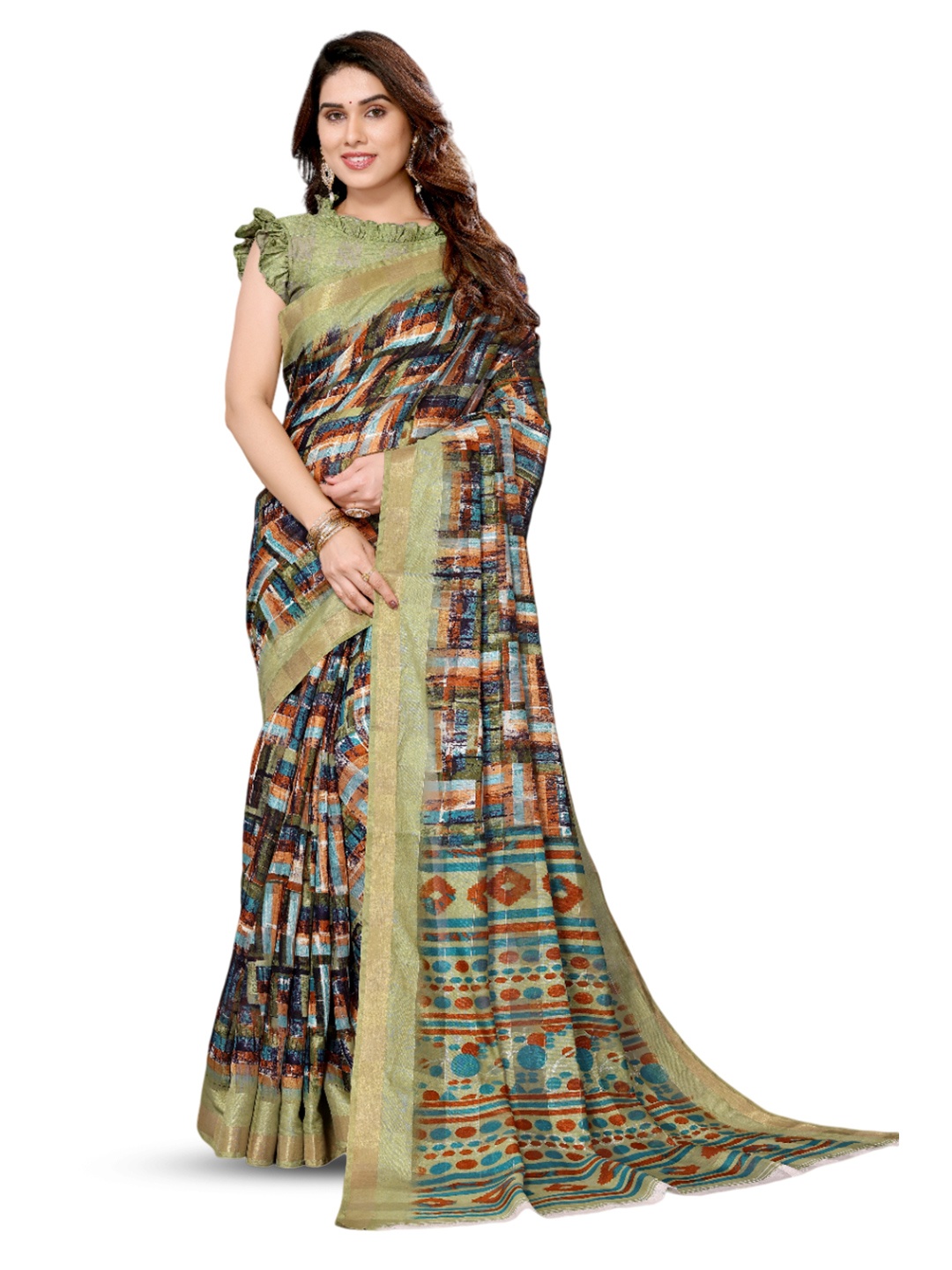 

saretramall Abstract Printed Zari Saree, Green