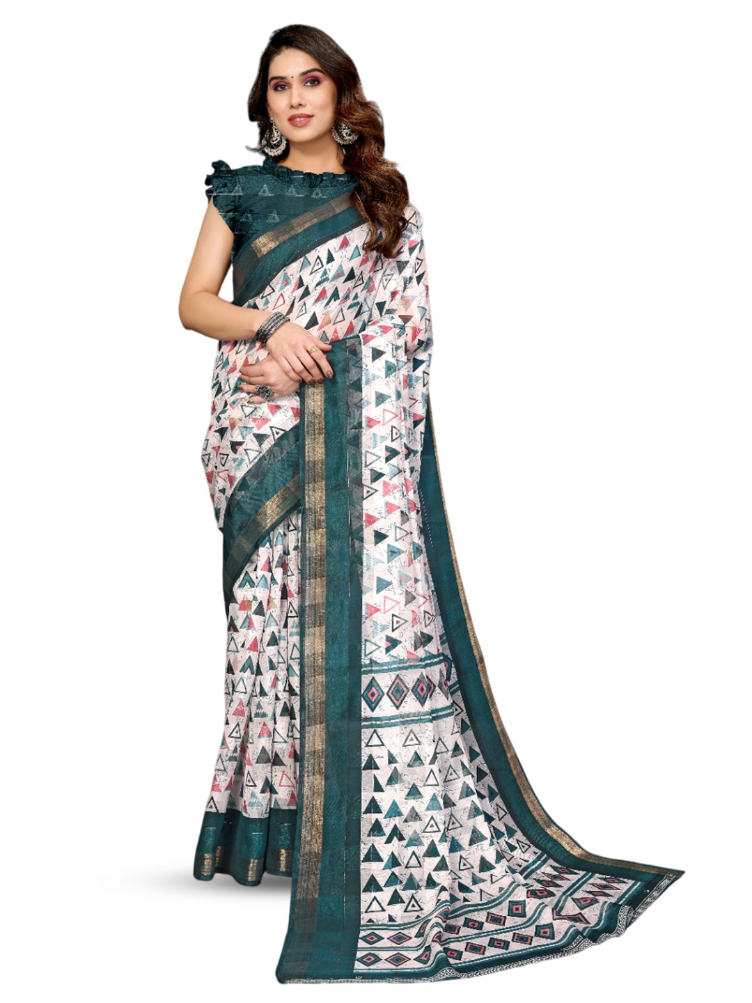 

saretramall Geometric Printed Zari Patola Saree, Teal