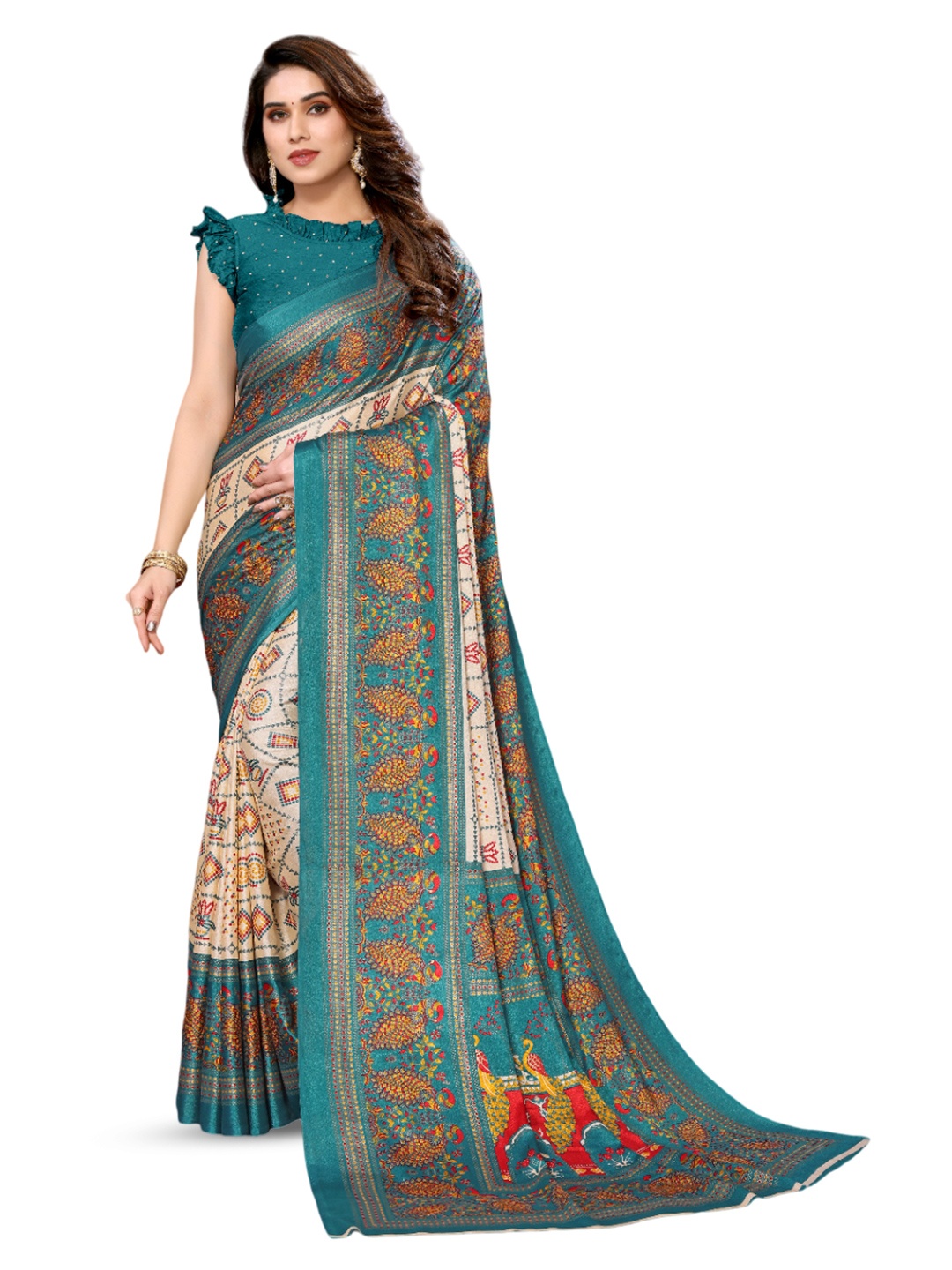 

saretramall Ajrak Printed Block Poly Chiffon Maheshwari Saree, Teal