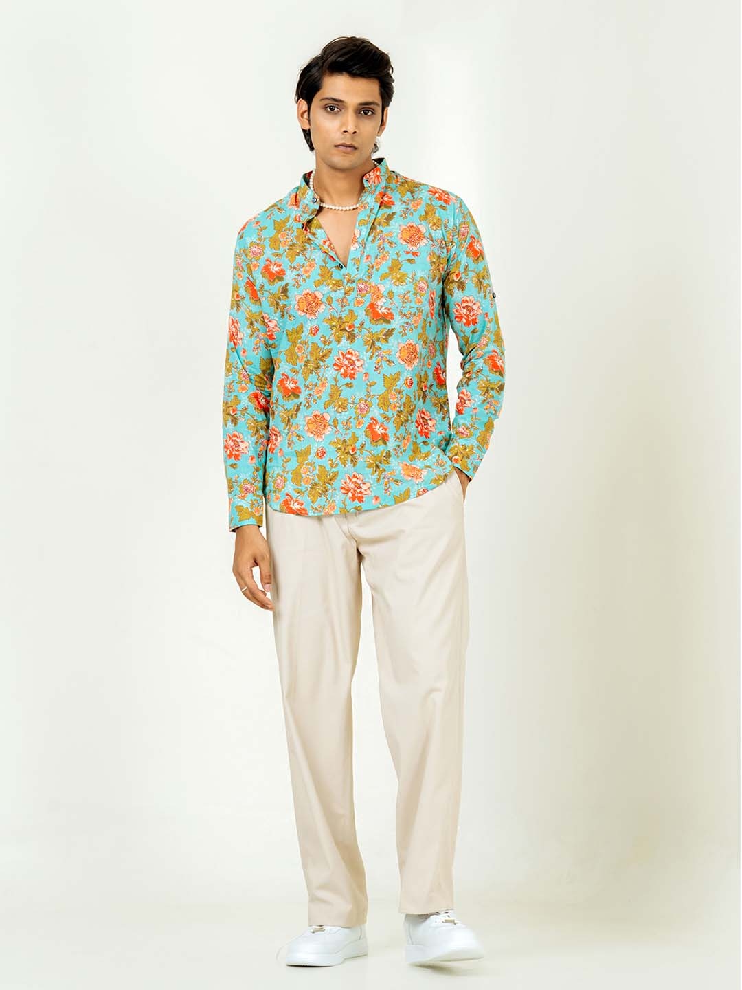 

Tistabene Floral Printed Band Collar Short Kurta, Blue