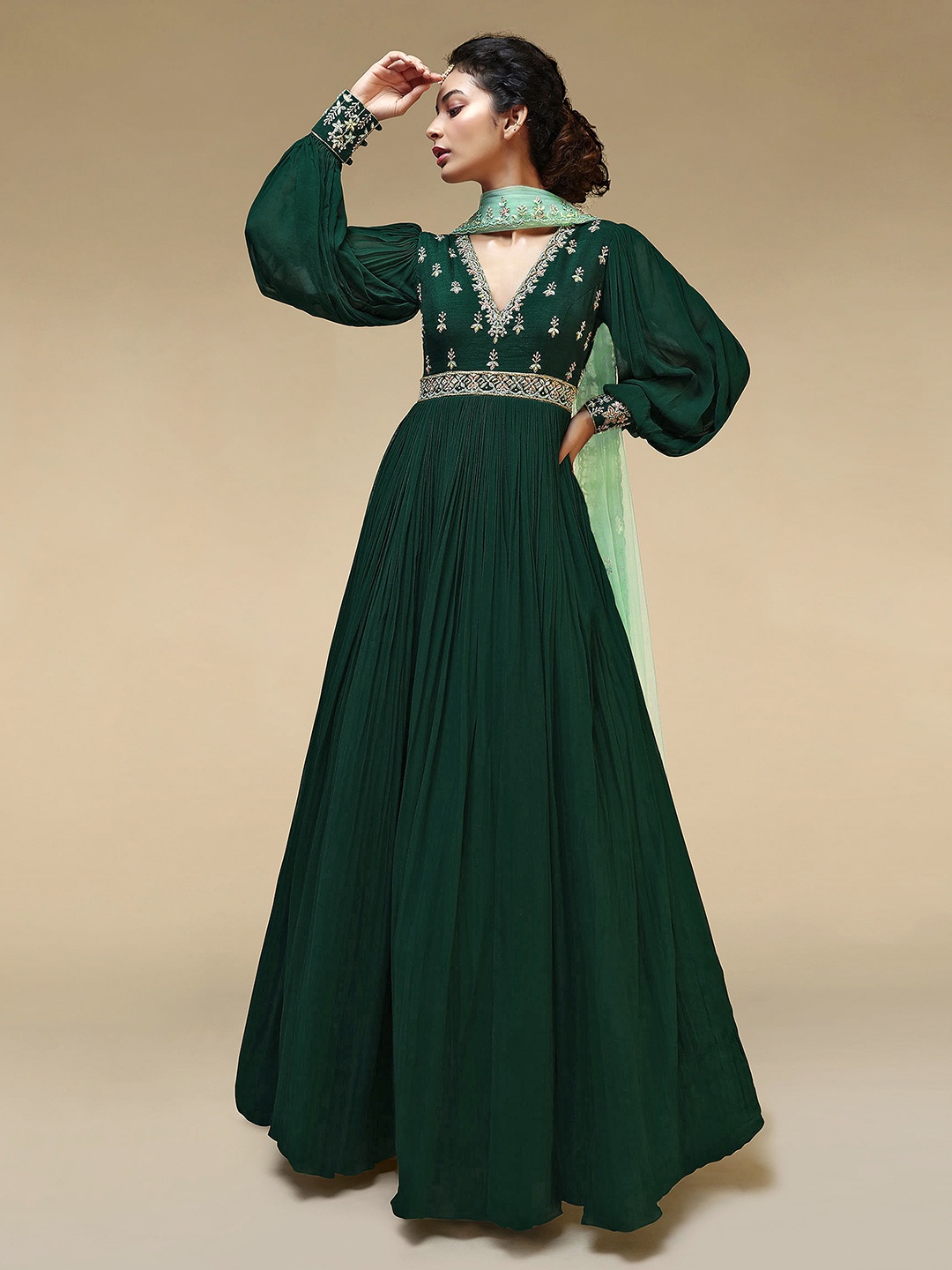 

Trendmalls Floral Yoke Design Beads & Stones Silk Georgette Kurta With Trousers & Dupatta, Green