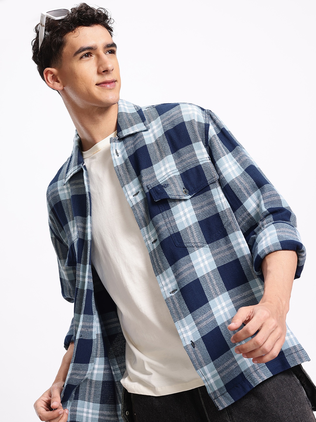 

Aeropostale Opaque Checked Knitted Pure Cotton Casual Shirt, Blue