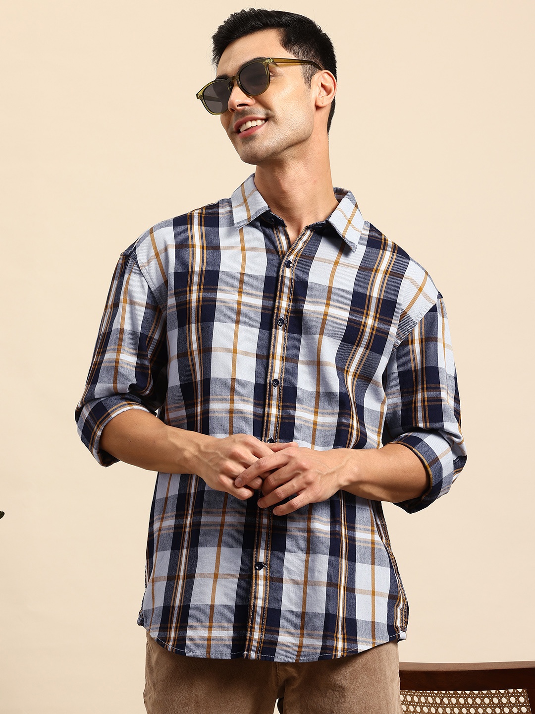 

Mast & Harbour Relaxed Fit Checked Pure Cotton Casual Shirt, Navy blue