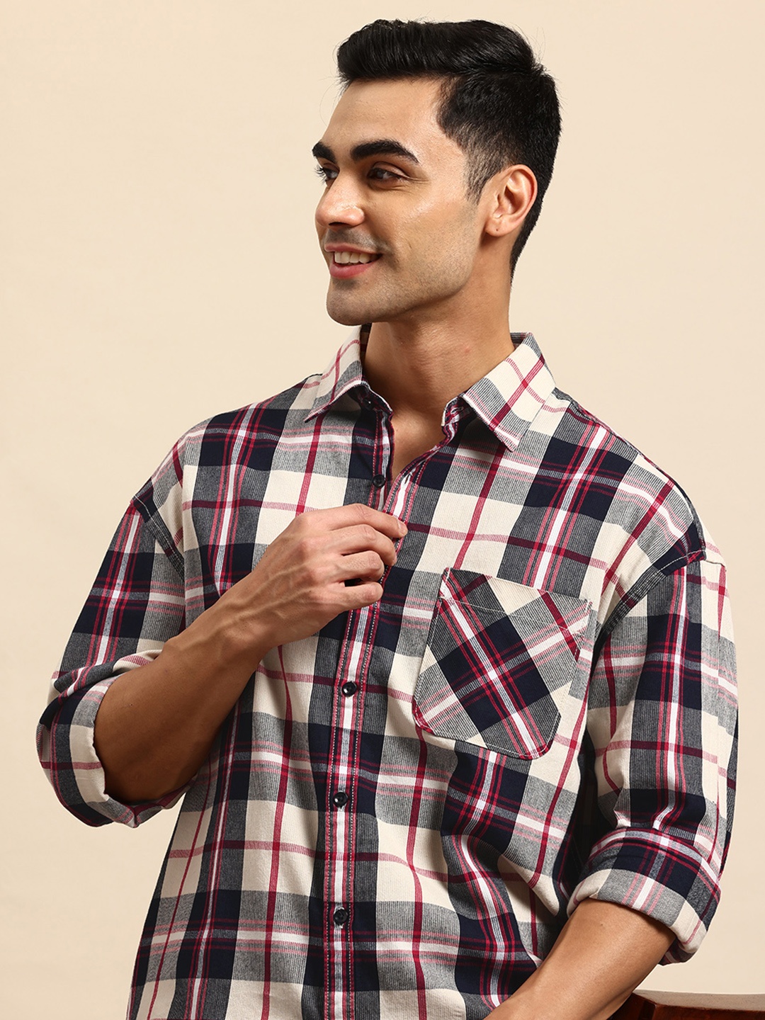 Mast & Harbour Oversized Checked Pure Cotton Casual Shirt, Navy blue