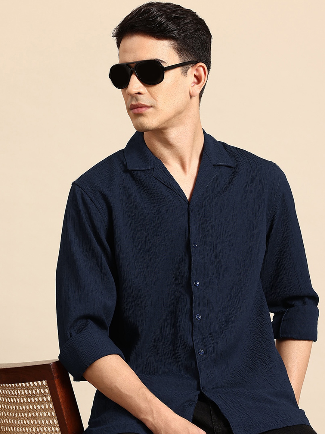 

Mast & Harbour Relaxed Fit Crinkled Shirt, Navy blue