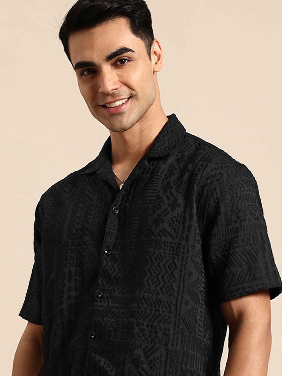 

Mast & Harbour Relaxed Fit Self Design Casual Shirt, Black