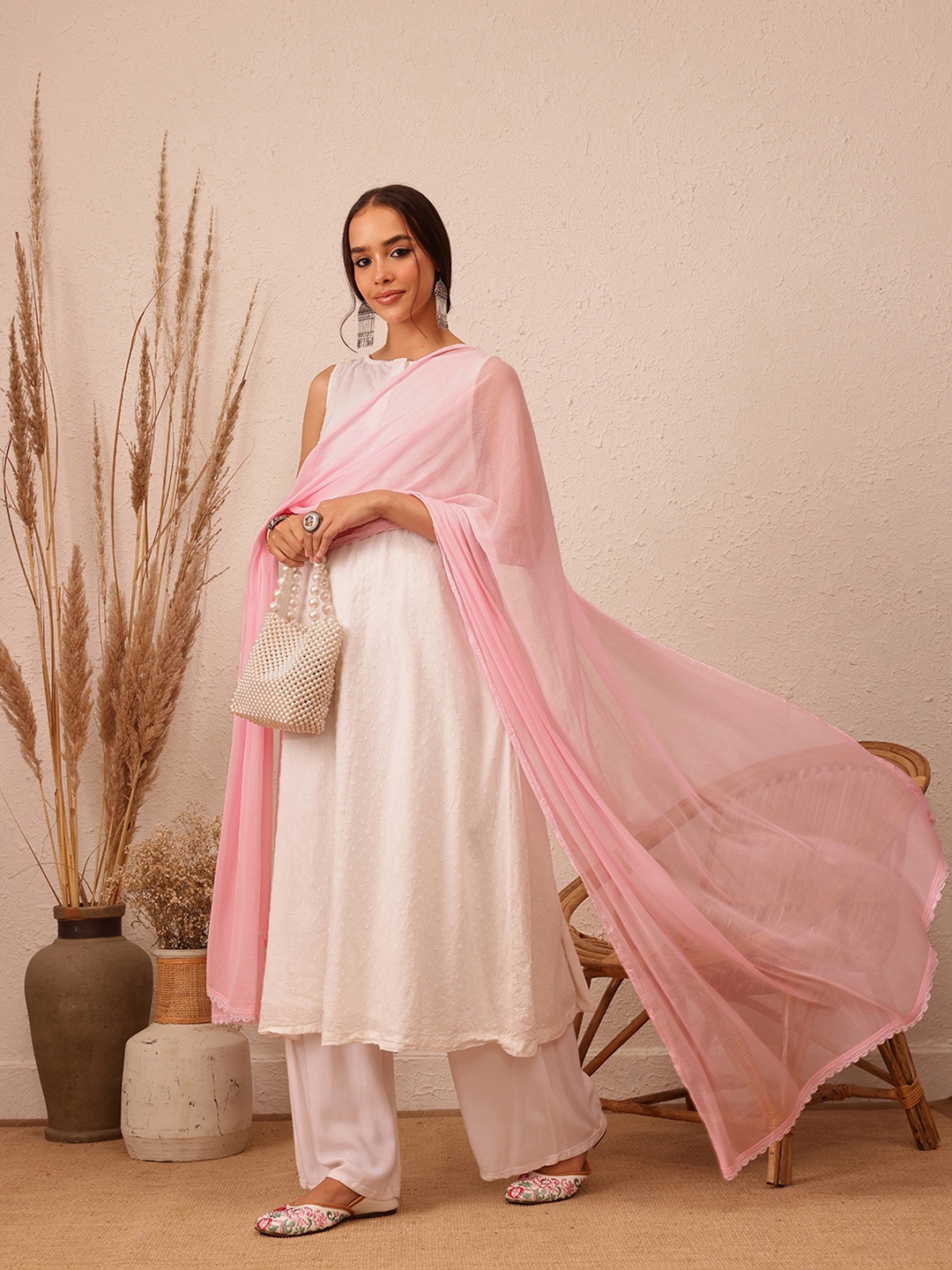 

ADA Chiffon Lucknowi Chikankari Dupatta With Taping Border, Pink