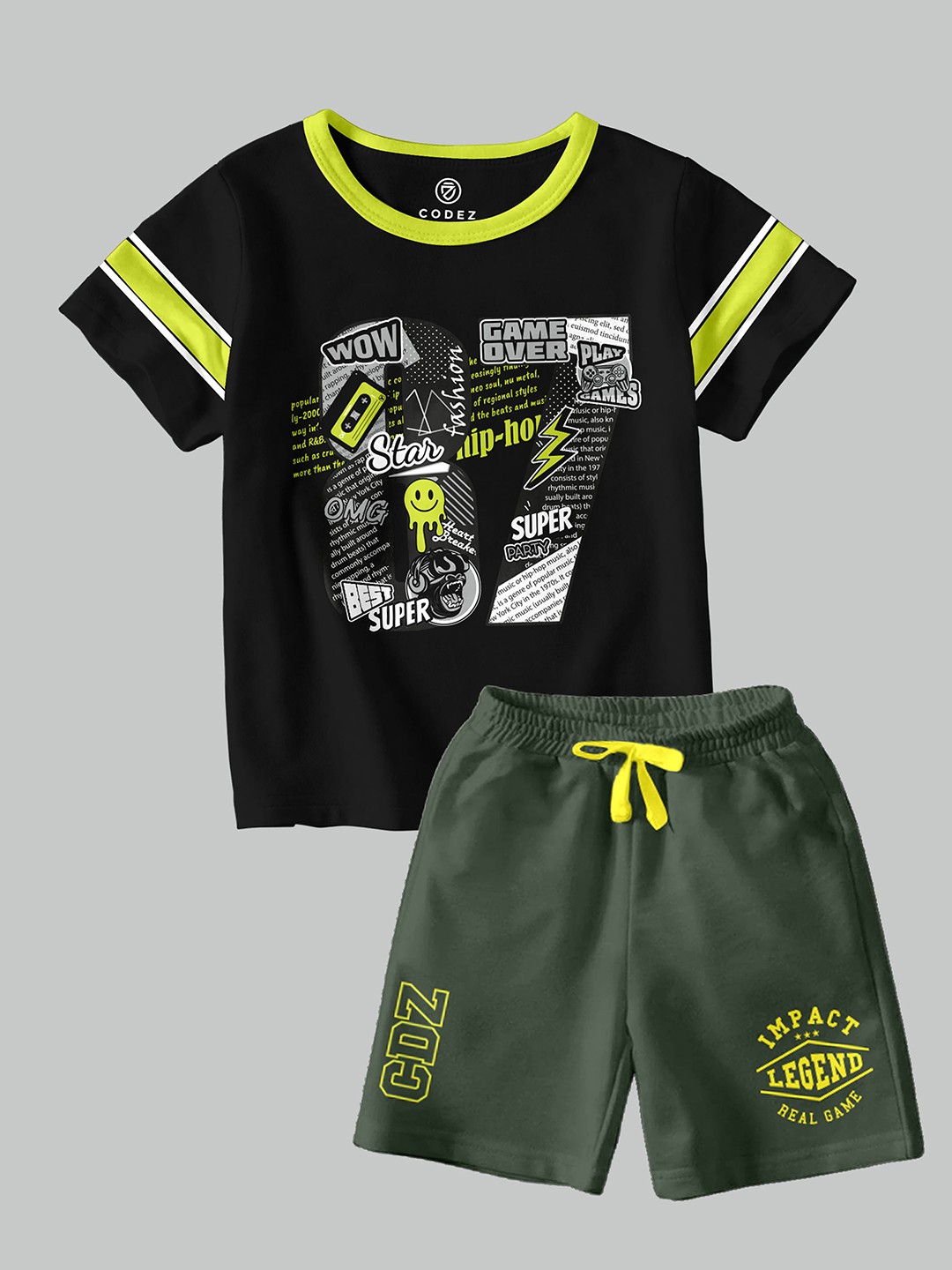 

CODEZ Boys Graphic Printed Round Neck T-shirt with Shorts, Olive