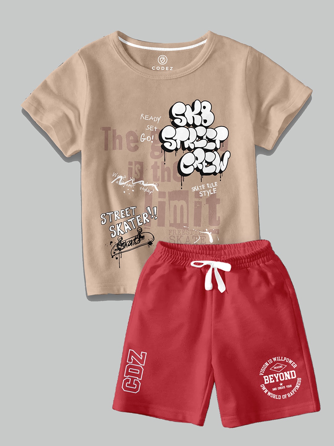 

CODEZ Boys Graphic Printed Round Neck T-shirt with Shorts, Brown