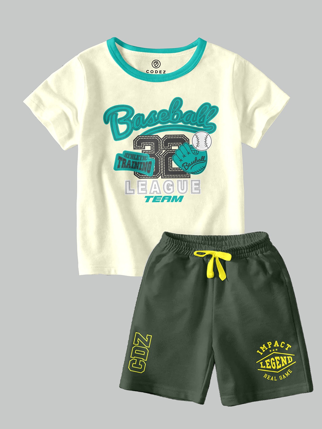 CODEZ Boys Graphic Printed Round Neck T-shirt with Shorts, Cream