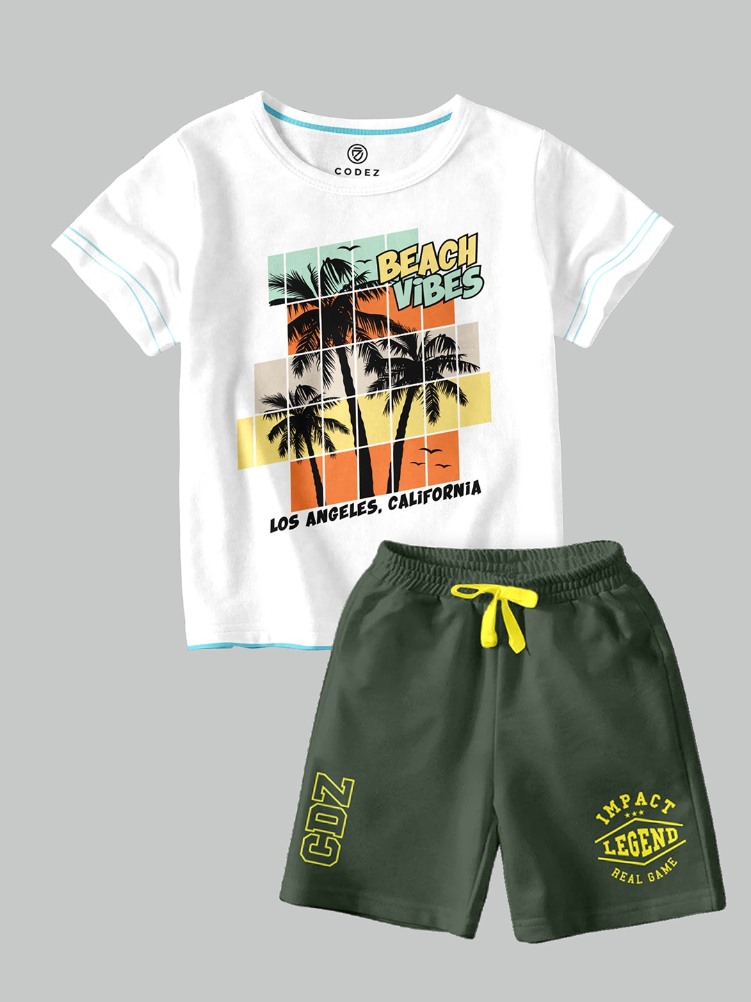 CODEZ Boys Printed Round Neck T-shirt with Shorts, White