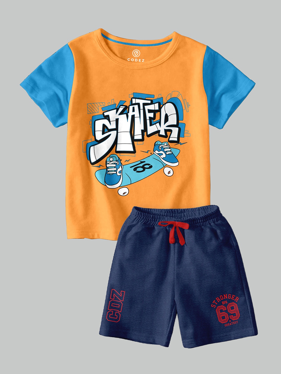 

CODEZ Boys Graphic Printed Round Neck T-shirt with Shorts, Orange