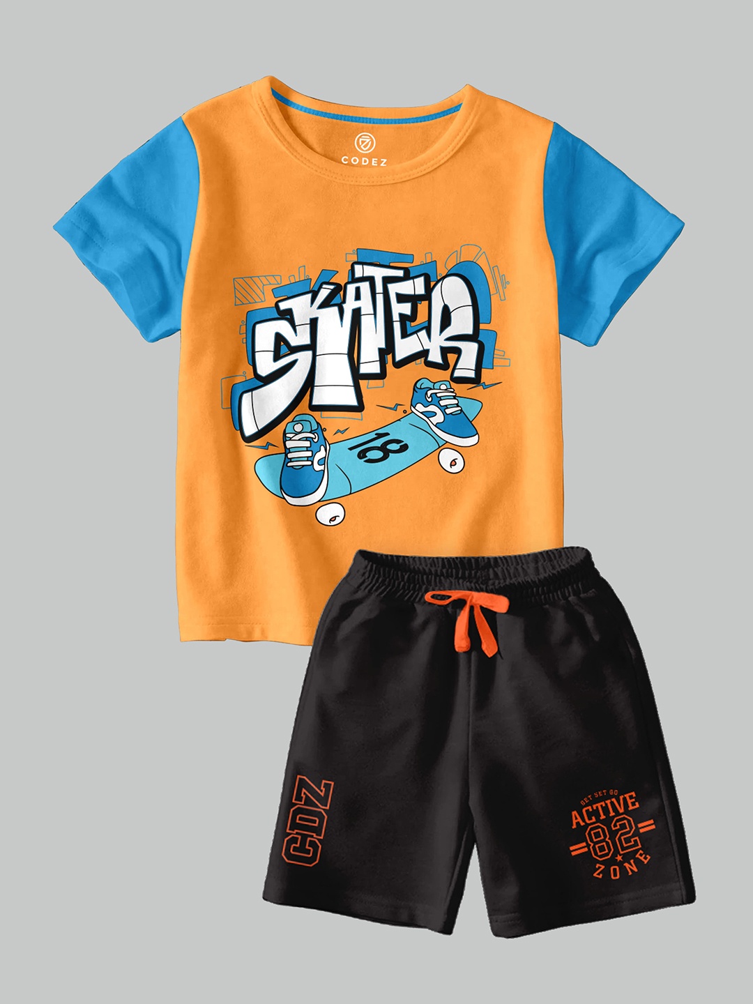 

CODEZ Boys Graphic Printed Round Neck T-shirt with Shorts, Orange