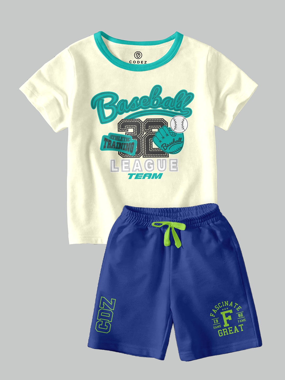 

CODEZ Boys Graphic Printed Round Neck T-shirt with Shorts, Cream
