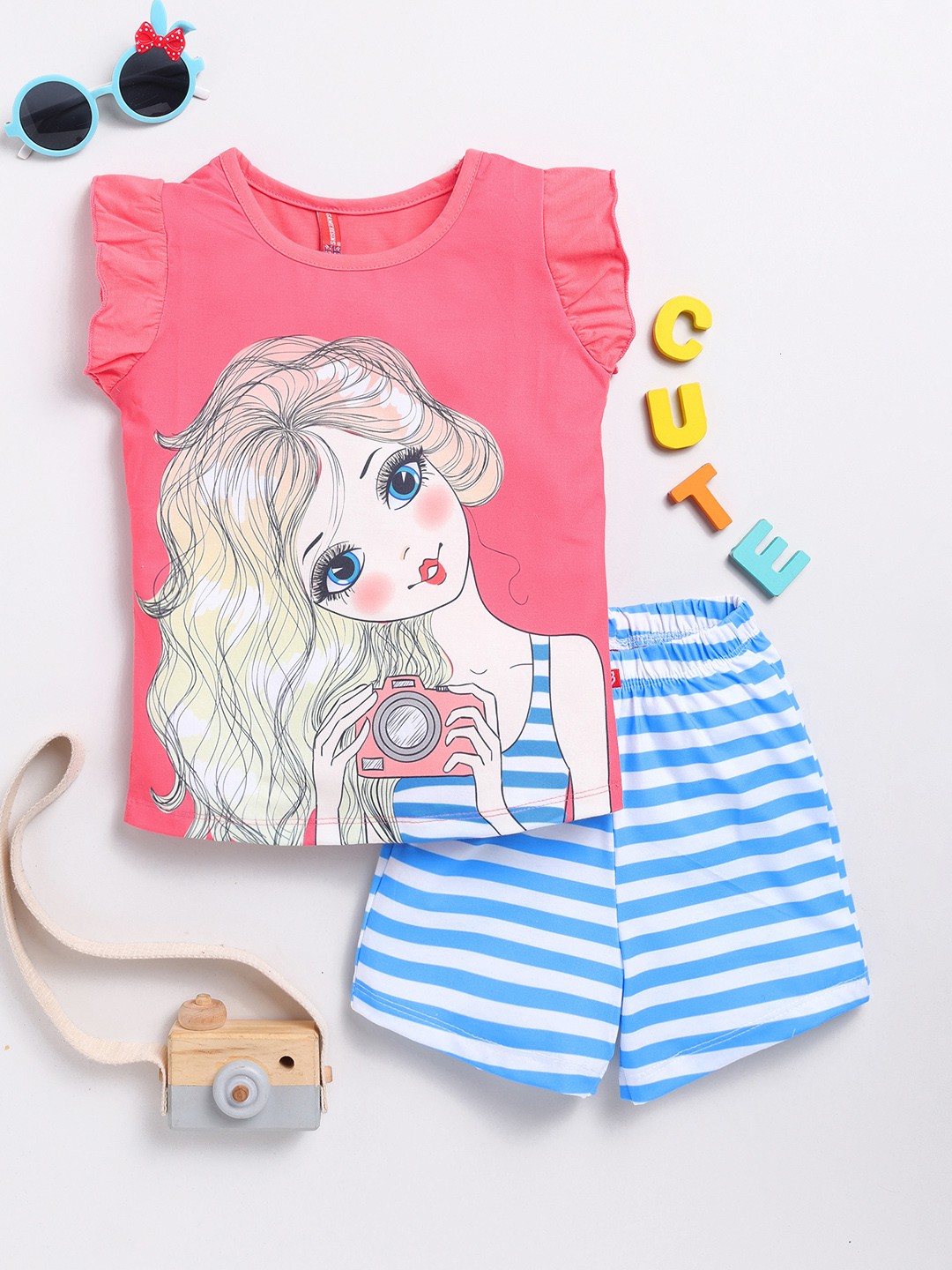 

Here&Now X Game Begins Girls Barbie Printed Top with Striped Shorts, Pink