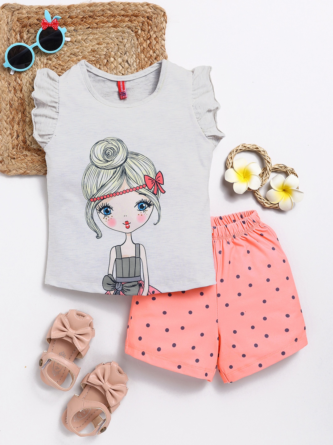 

Here&Now X Game Begins Girls Printed Top with Shorts, Grey melange