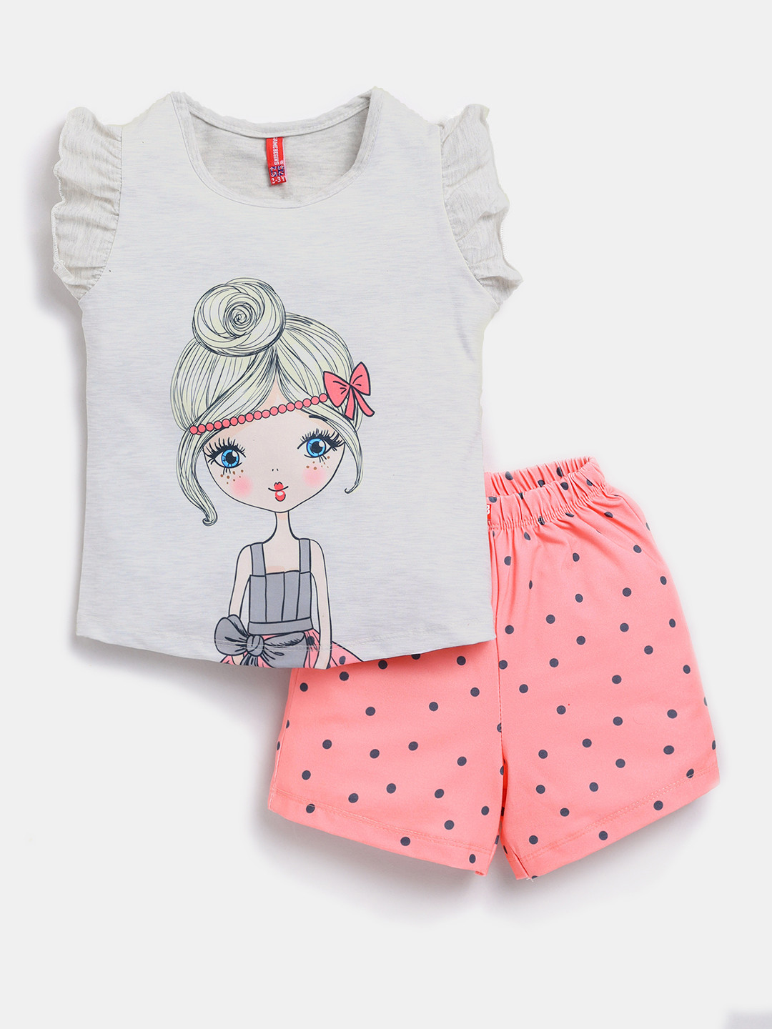 

Here&Now X Game Begins Girls Printed Top with Shorts, Grey melange