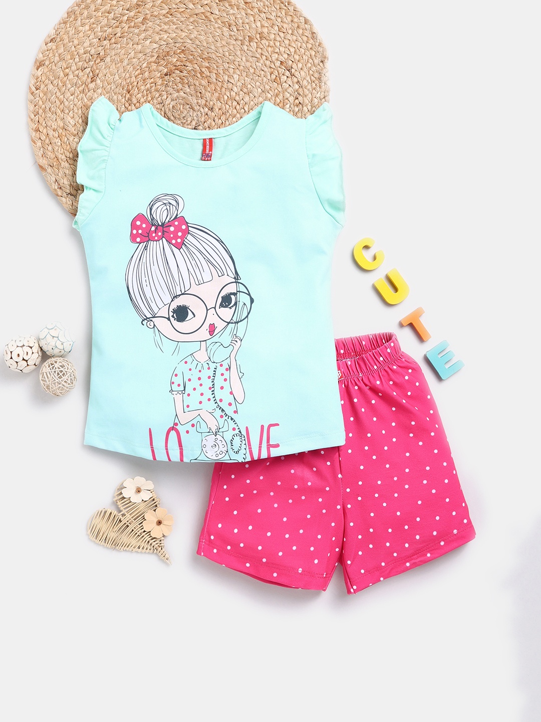 

Here&Now X Game Begins Girls Printed Top with Shorts, Turquoise blue