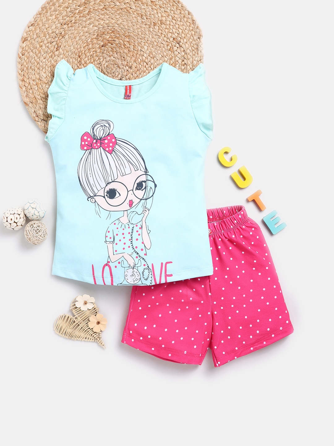 

Here&Now X Game Begins Girls Printed Top with Shorts, Sea green