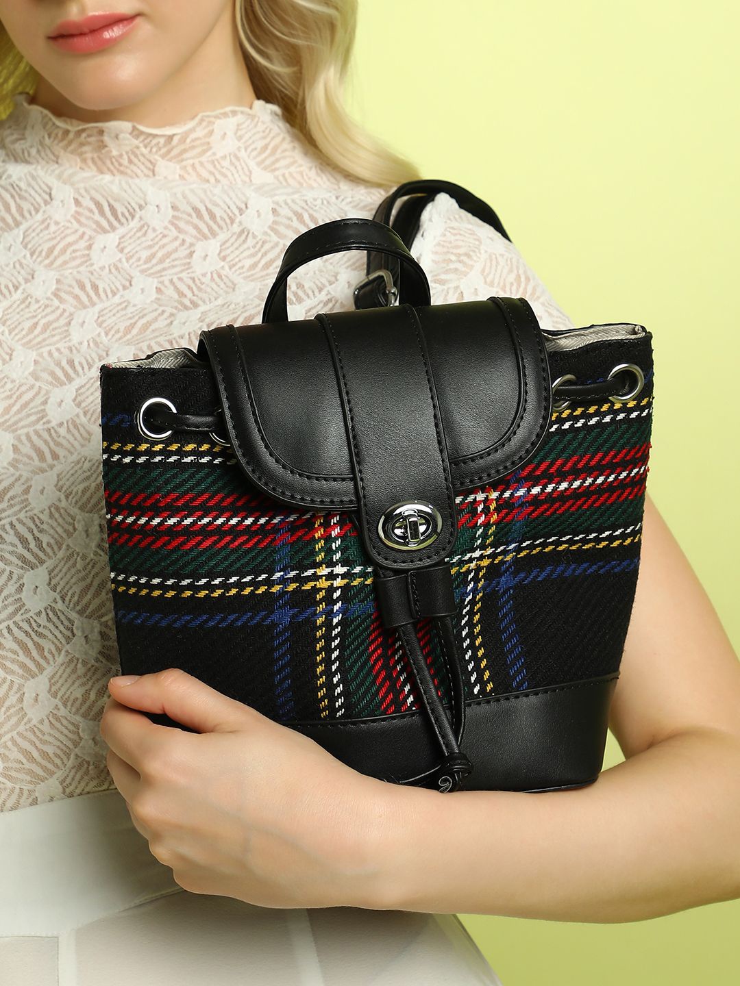 

HAUTE SAUCE by Campus Sutra Women Geometric Tartan Checks Mini Backpack, Black