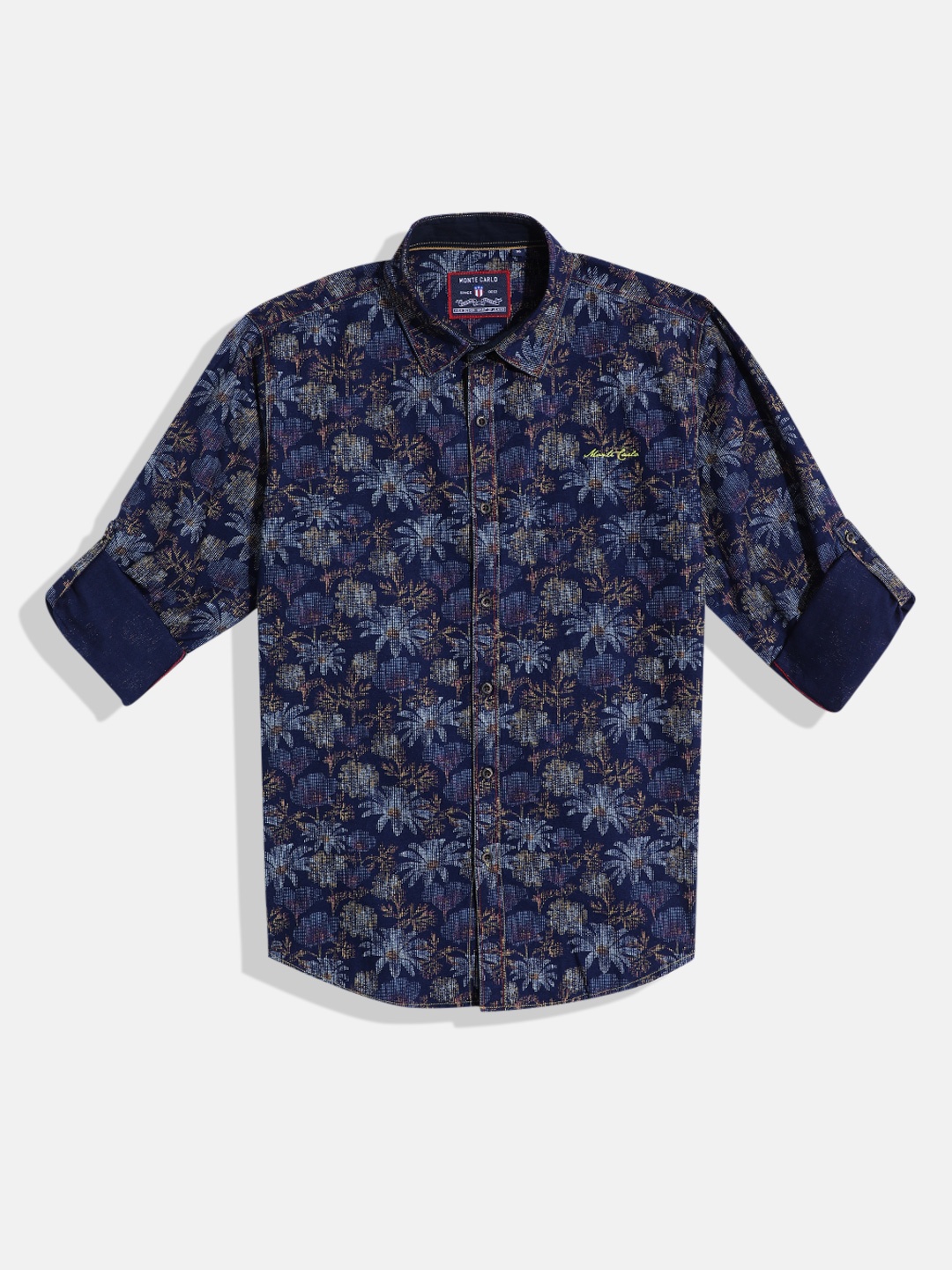

Monte Carlo Boys Floral Self Design Casual Smart Fit Shirt, Navy blue