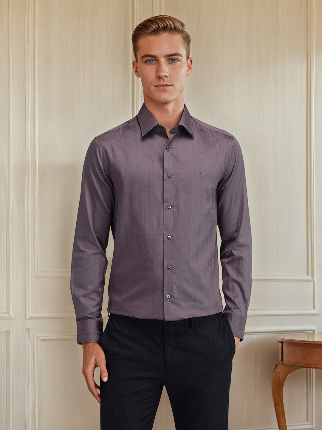 

Arrow Men Comfort Spread Collar Textured Cotton Slim Fit Formal Shirt, Purple