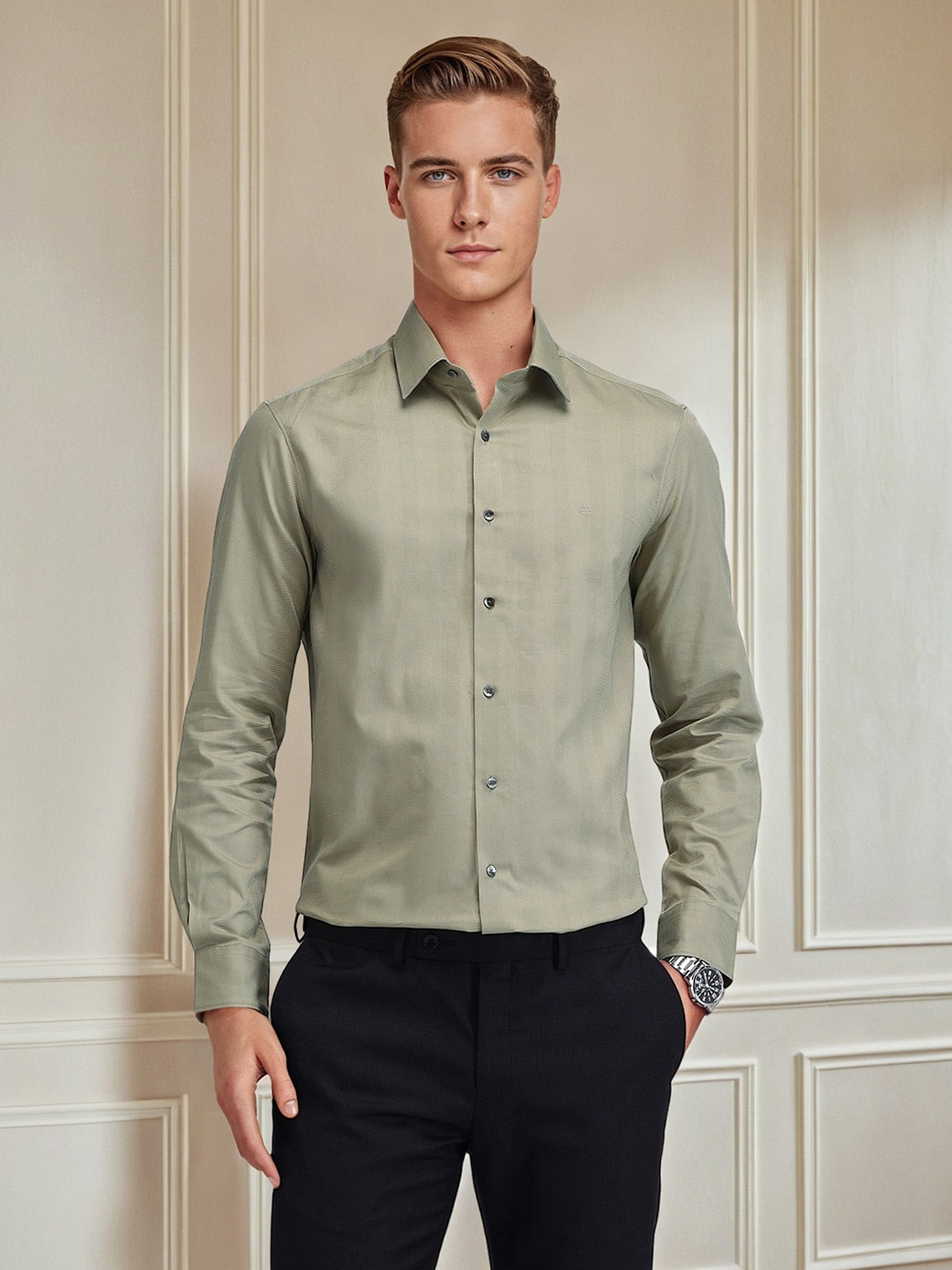 

Arrow Men Comfort Solid Cotton Slim Fit Formal Shirt, Olive