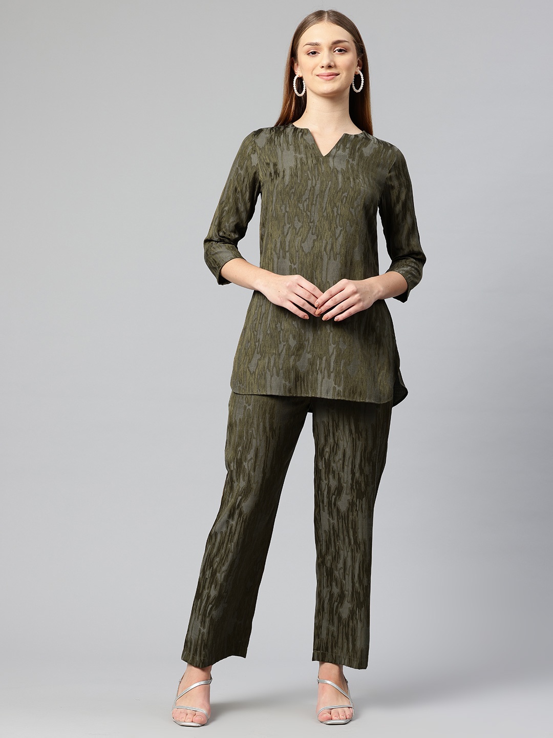 

Cottinfab Women Self Design V-Neck Tunic And Trouser Co-Ords, Olive